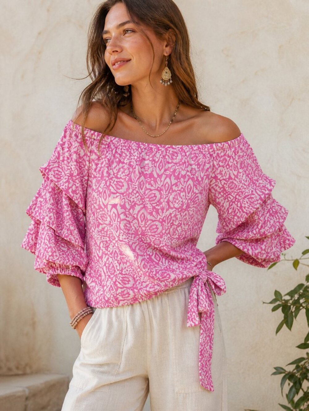 CeCe Boho Pink Off Shoulder Blouse | Ruffle Sleeve Tie Hem Top | Anthro Style